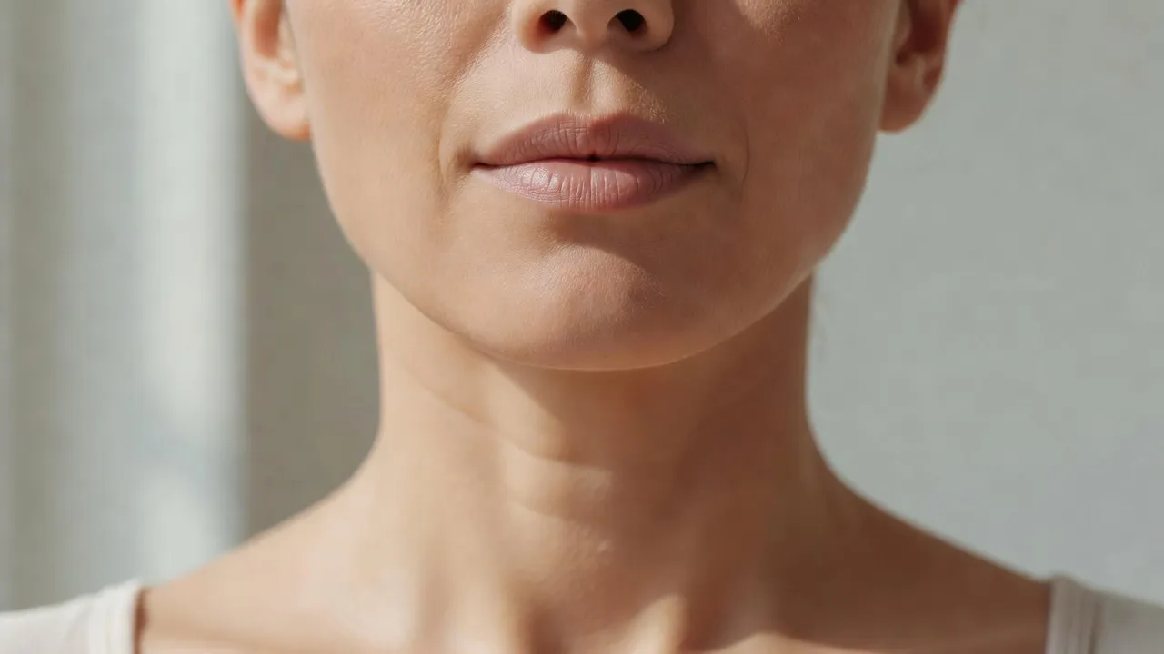 Close-up showing correct tongue posture lifting submental tissue under the chin.