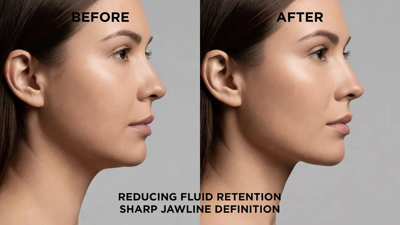 Comparison of facial profiles demonstrating jawline sharpness gains from reducing facial bloat and body fat.