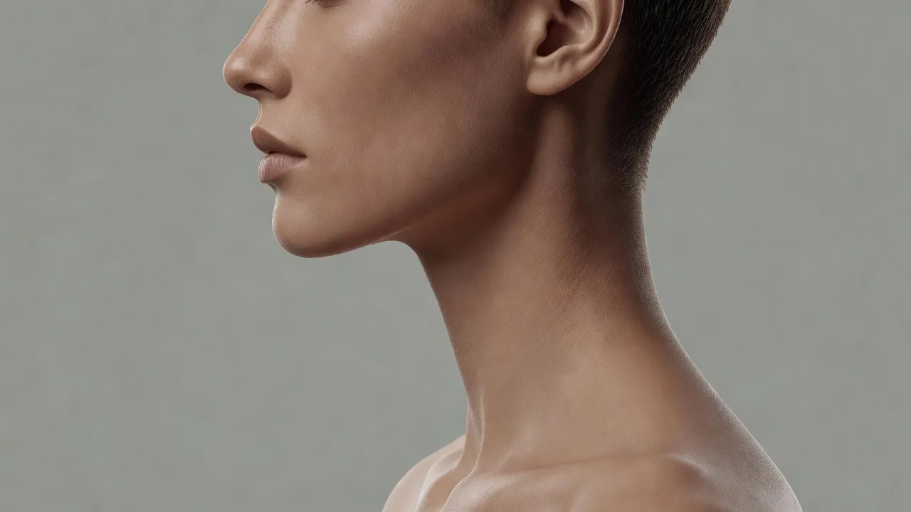 Sharp side profile view of a well-defined jawline and neck alignment under modern studio lighting