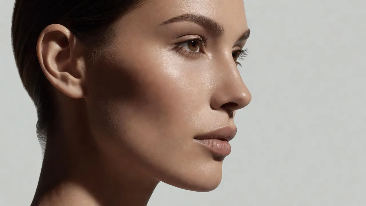 Close-up view of prominent cheekbones and zygomatic arch structure in studio lighting