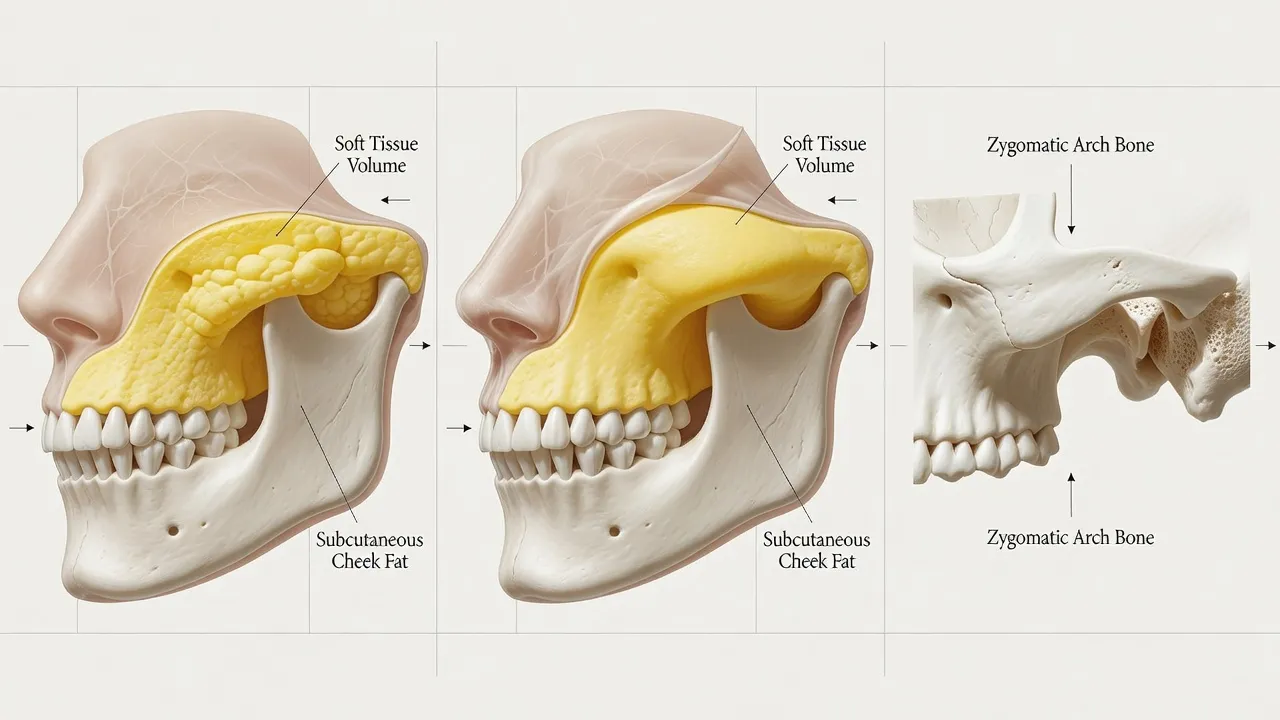 Diagram comparing cheekbone anatomy including zygomatic bone, fat pads, and soft tissue layers