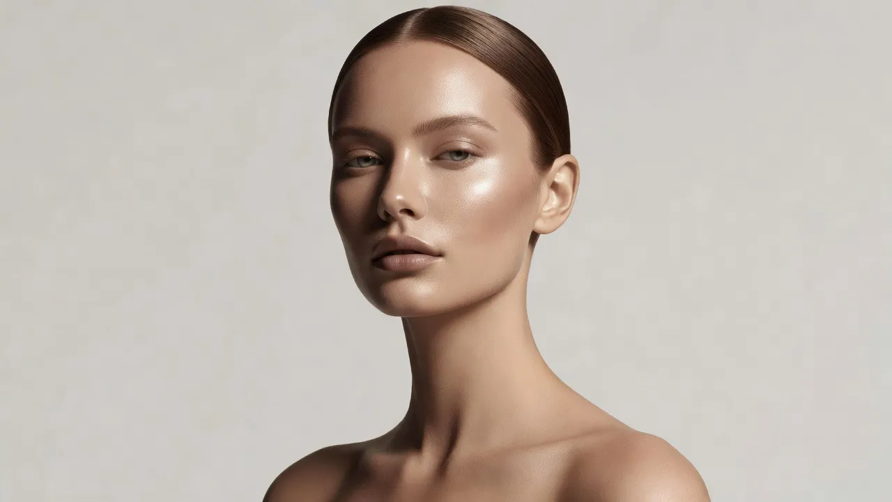 Woman with defined high cheekbones looking into studio light