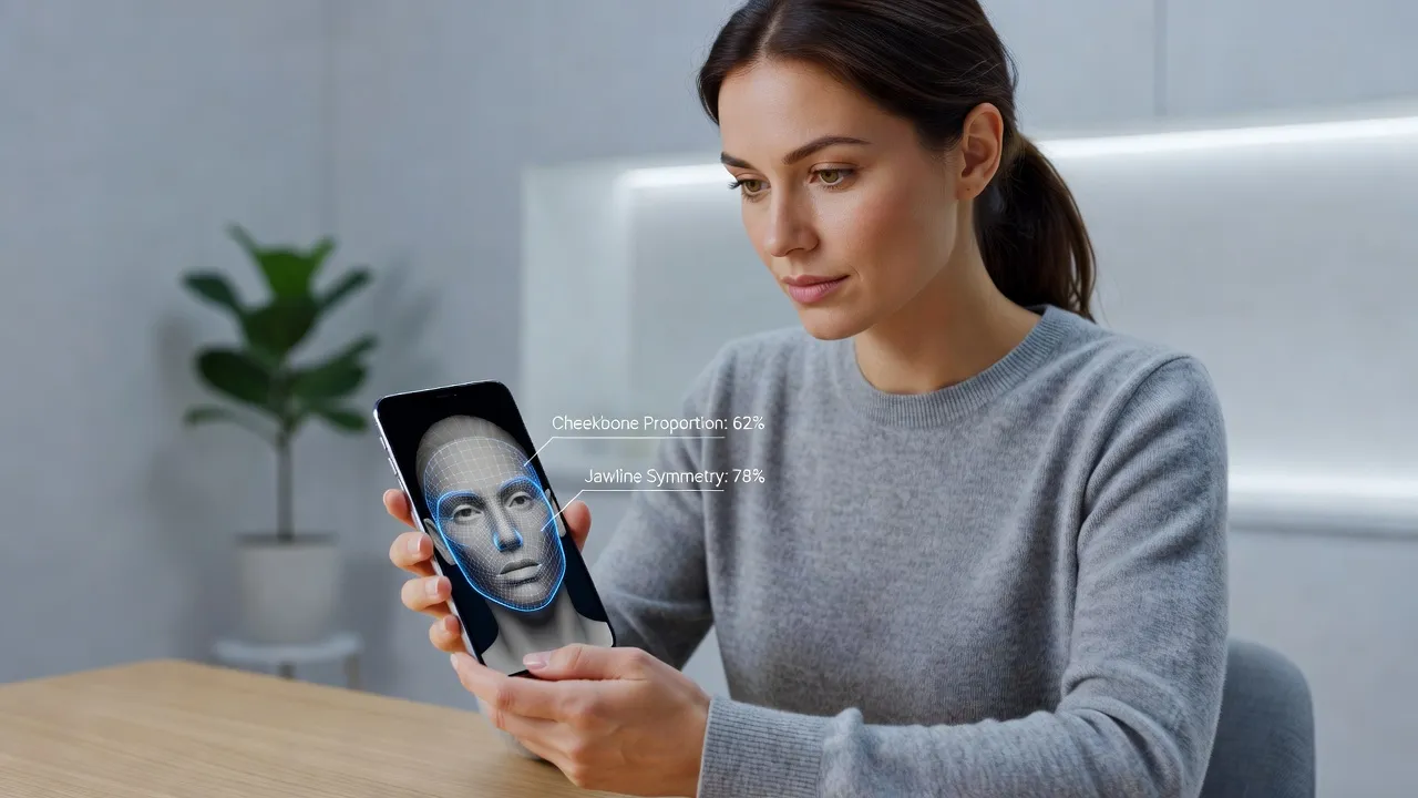 Smartphone displaying AI face analysis app measuring midface and cheekbone symmetry