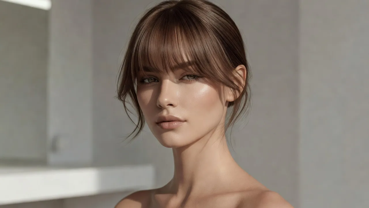 Woman with an inverted triangle face shape showcasing flattering framing hairstyle and makeup