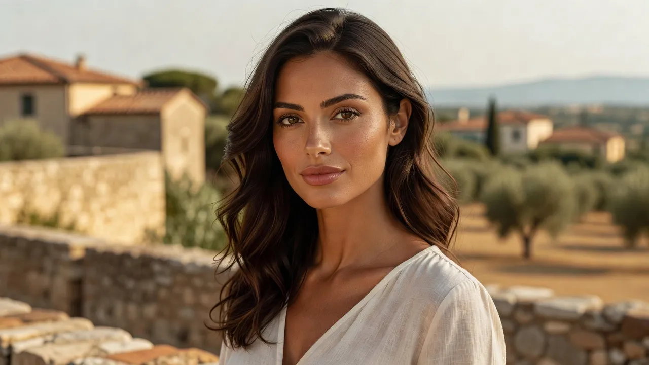 Portrait of a Mediterranean woman highlighting Italian facial features and natural olive skin
