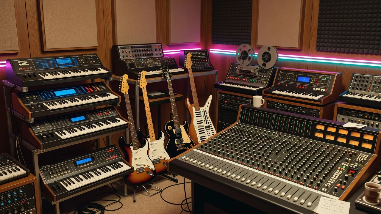 Vintage analog synthesizers and recording gear representing the sound production of Keane Perfect Symmetry album.