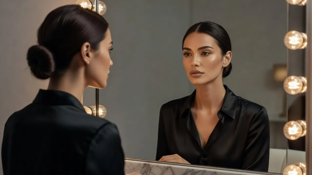 Woman evaluating her midface proportions and lip symmetry in a bright vanity mirror