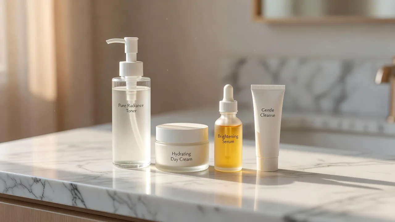 A complete set of morning skincare products arranged neatly on a sunlit marble bathroom counter.
