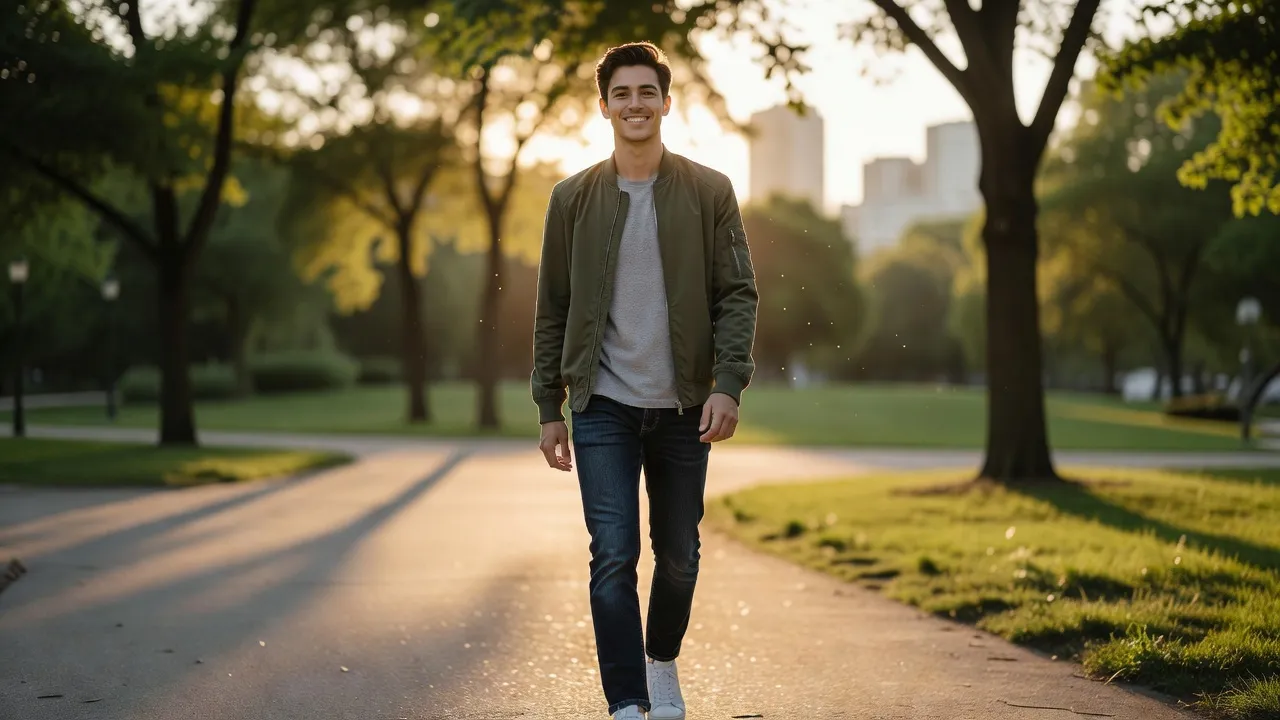 A young adult taking high quality natural light photos for a dating profile outdoors.