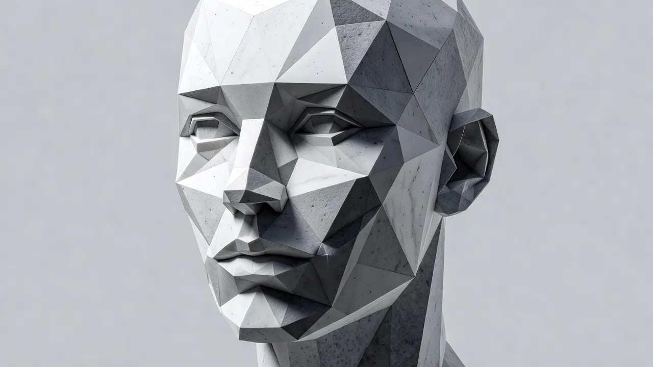 Detailed 3D visual analysis mapping the geometric structural planes of the human face with directional highlights.