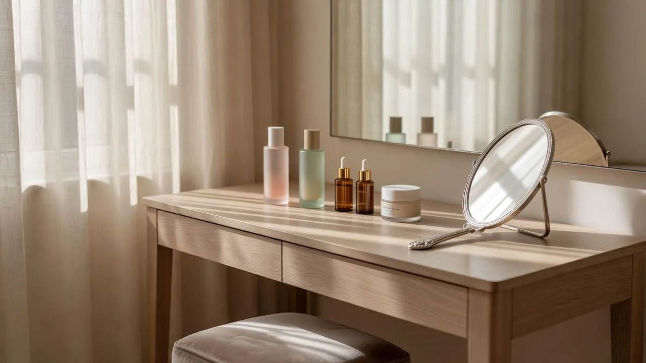 Vanity mirror setup highlighting beauty tools and skincare products for enhancing facial aesthetics.