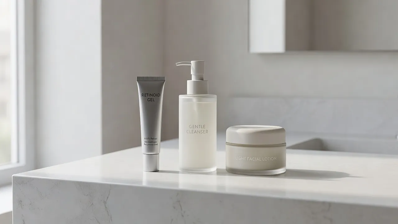 Differin gel tube and gentle skincare products on a modern bathroom counter.