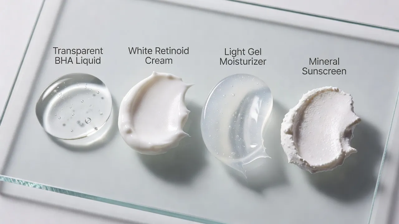 Four different topical skincare ingredient textures displayed cleanly on a glass surface.