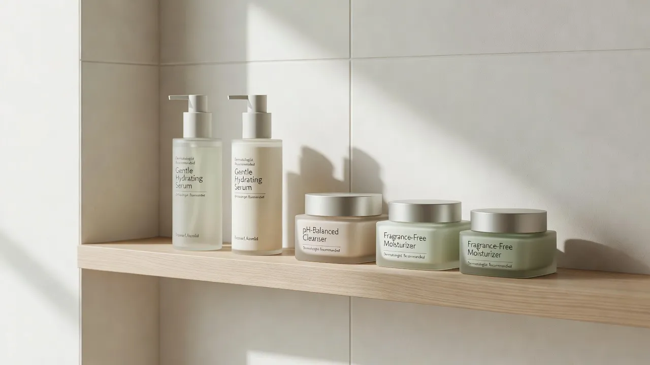Clean skincare products including serums, retinoid tubes, and sunscreens arranged neatly on a modern shelf.