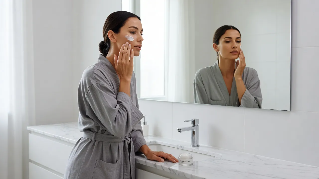 Person applying azelaic acid suspension cream to clean skin in front of a mirror.