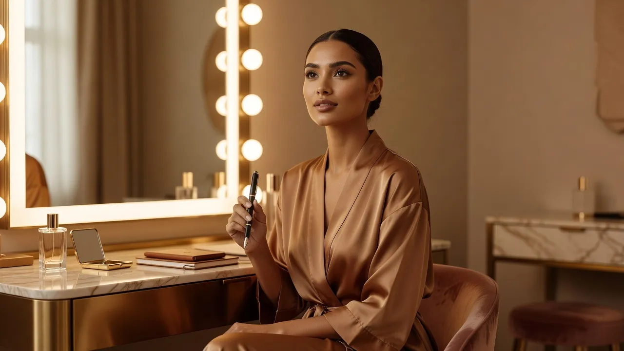 Woman looking confidently into a mirror while writing daily quotes for self confidence in a personal journal