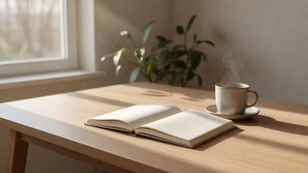 Minimalist journal open on a wooden desk with quotes for self confidence written on the page