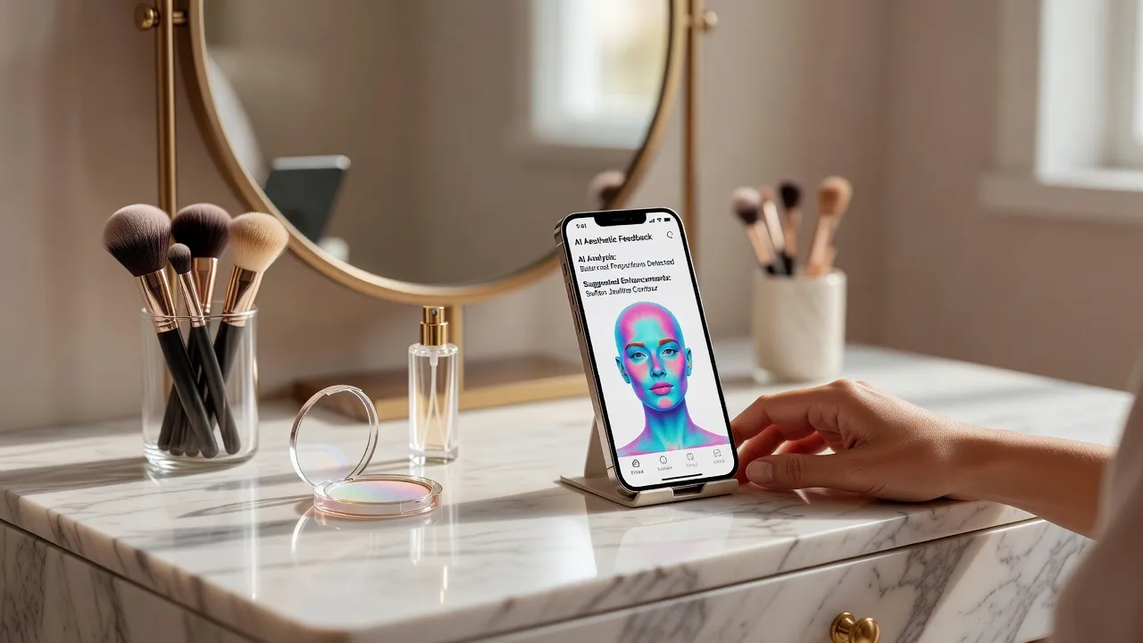 Smartphone displaying aesthetic feedback software alongside everyday beauty accessories on a sunlit vanity