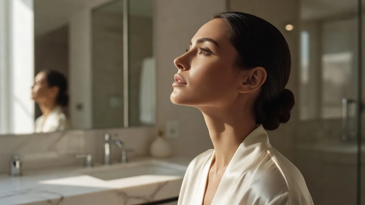 Woman measuring her jawline profile in a brightly lit mirror to track face fat loss progress.