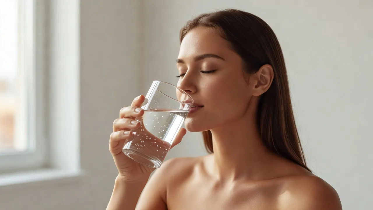 Woman drinking water to reduce facial fluid retention and improve chin definition.