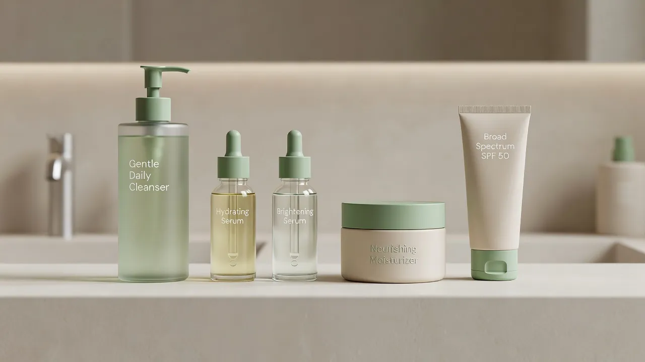 Neat arrangement of morning and evening skincare products organized by application order on a minimalist marble counter.