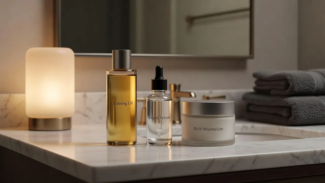 A complete set of night skincare products arranged in application order on a bathroom vanity.
