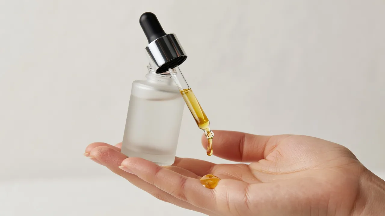 Dispensing an active serum with a glass dropper for nighttime skin treatment.