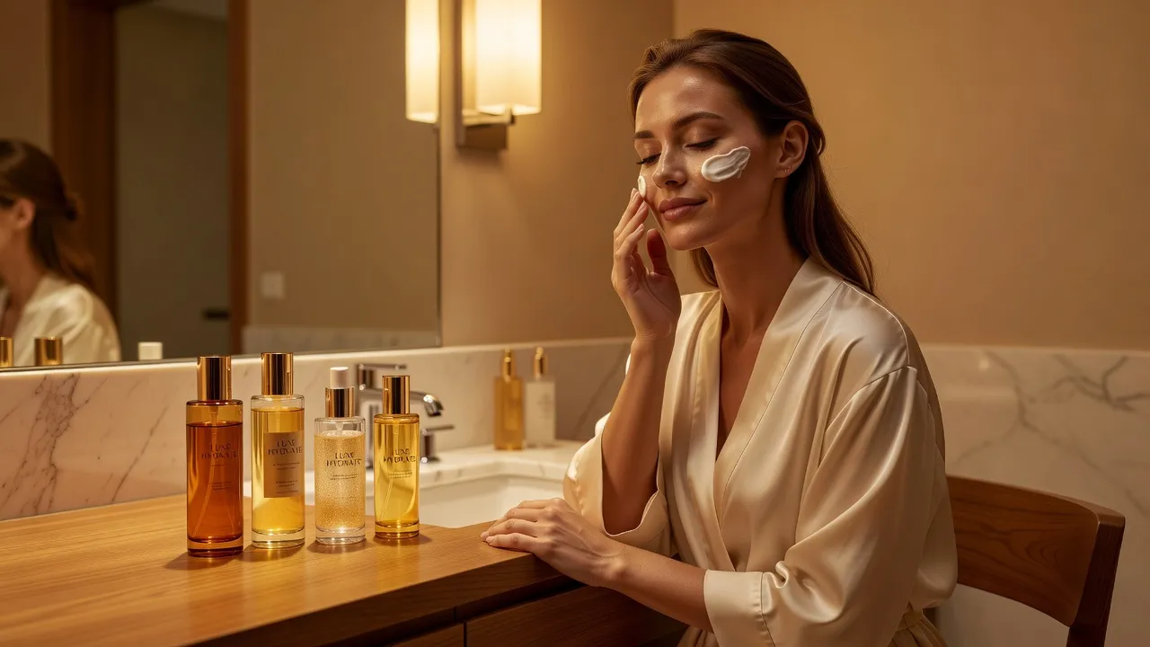 A woman applying nighttime face cream gently in front of a warm bathroom mirror.