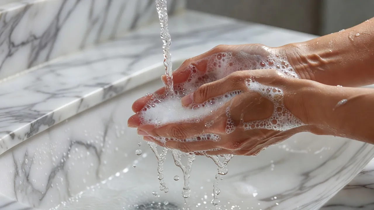 Lathering a water-based facial cleanser during the second step of a double cleansing routine.