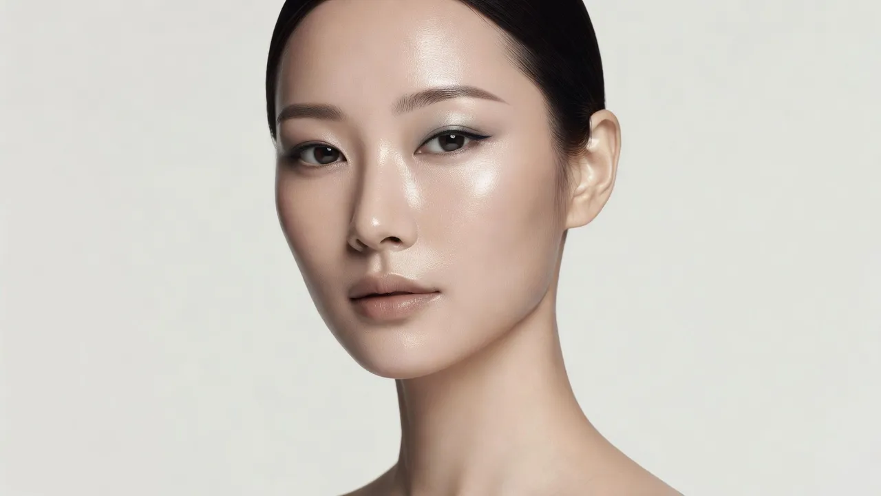 Woman exhibiting traditional K-beauty standards with clear glass skin and soft facial features
