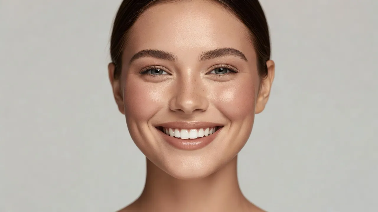 Close up portrait of a smiling woman displaying distinct natural cheek dimples in bright warm daylight.