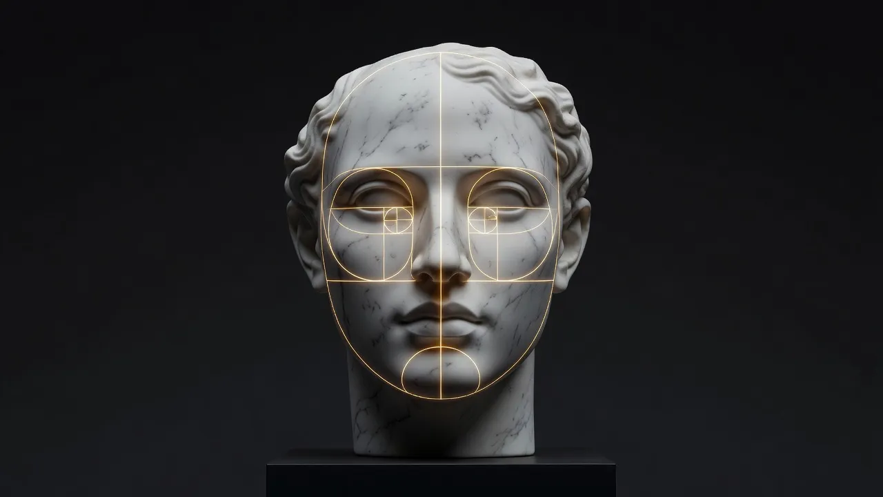 A classical marble sculpture face overlaid with golden ratio proportions and geometric facial symmetry lines.