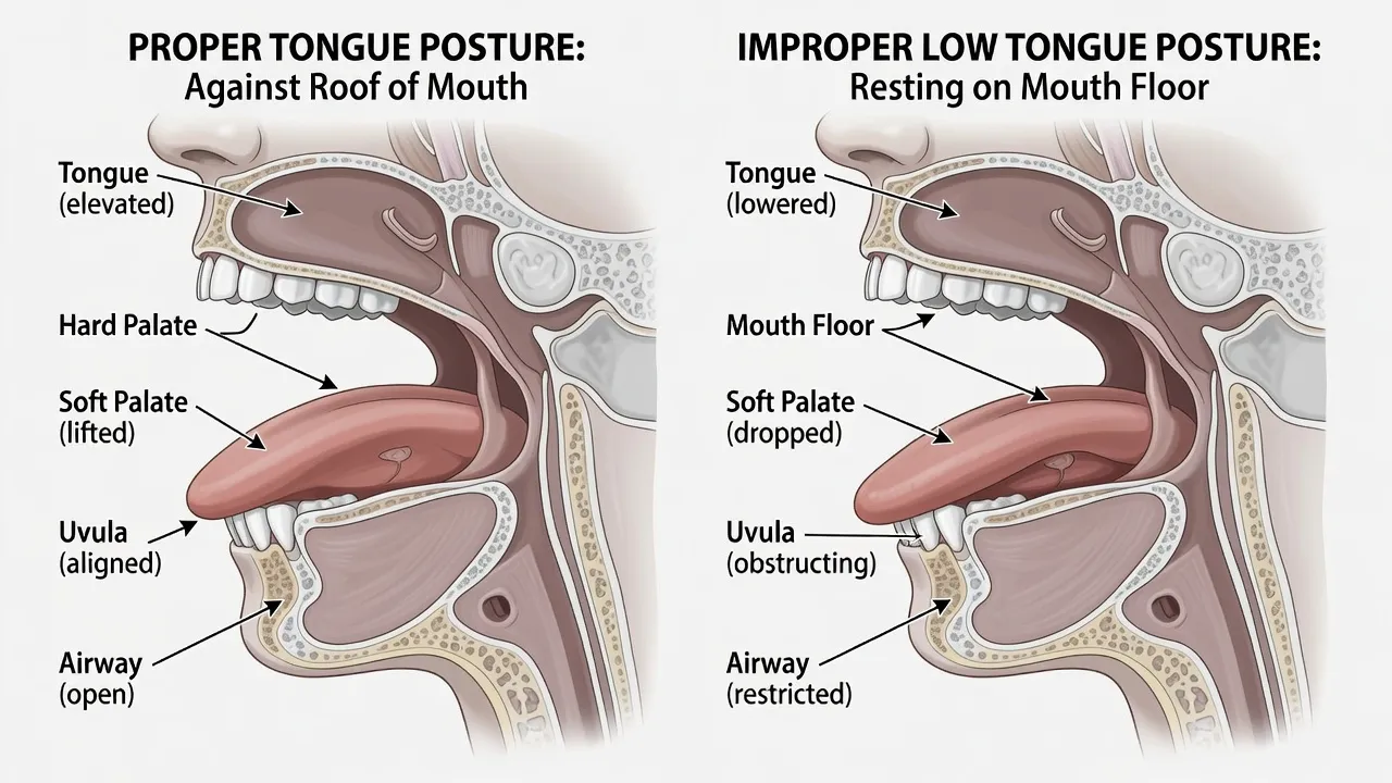Diagram showing correct tongue posture against the palate compared to poor low oral posture.