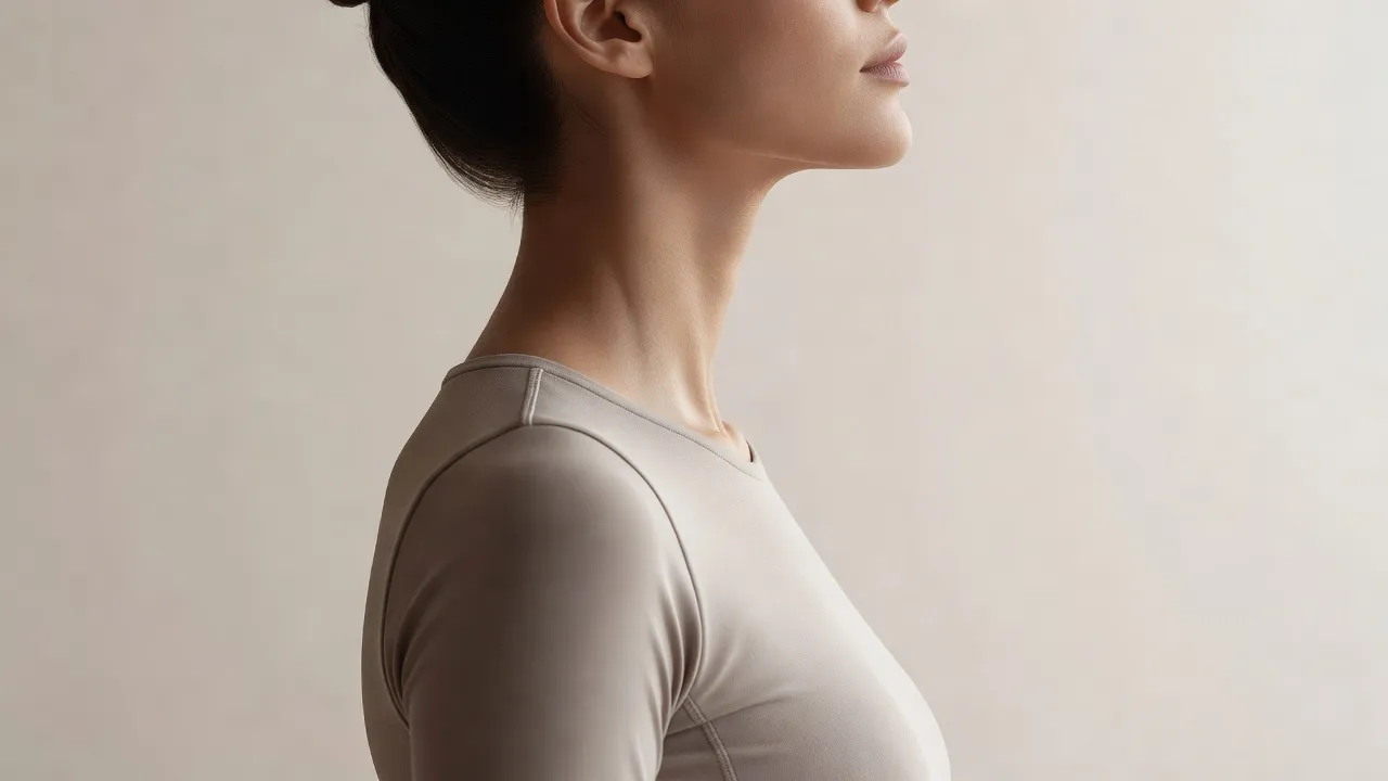 Side profile showing correct neck and jaw posture alignment.