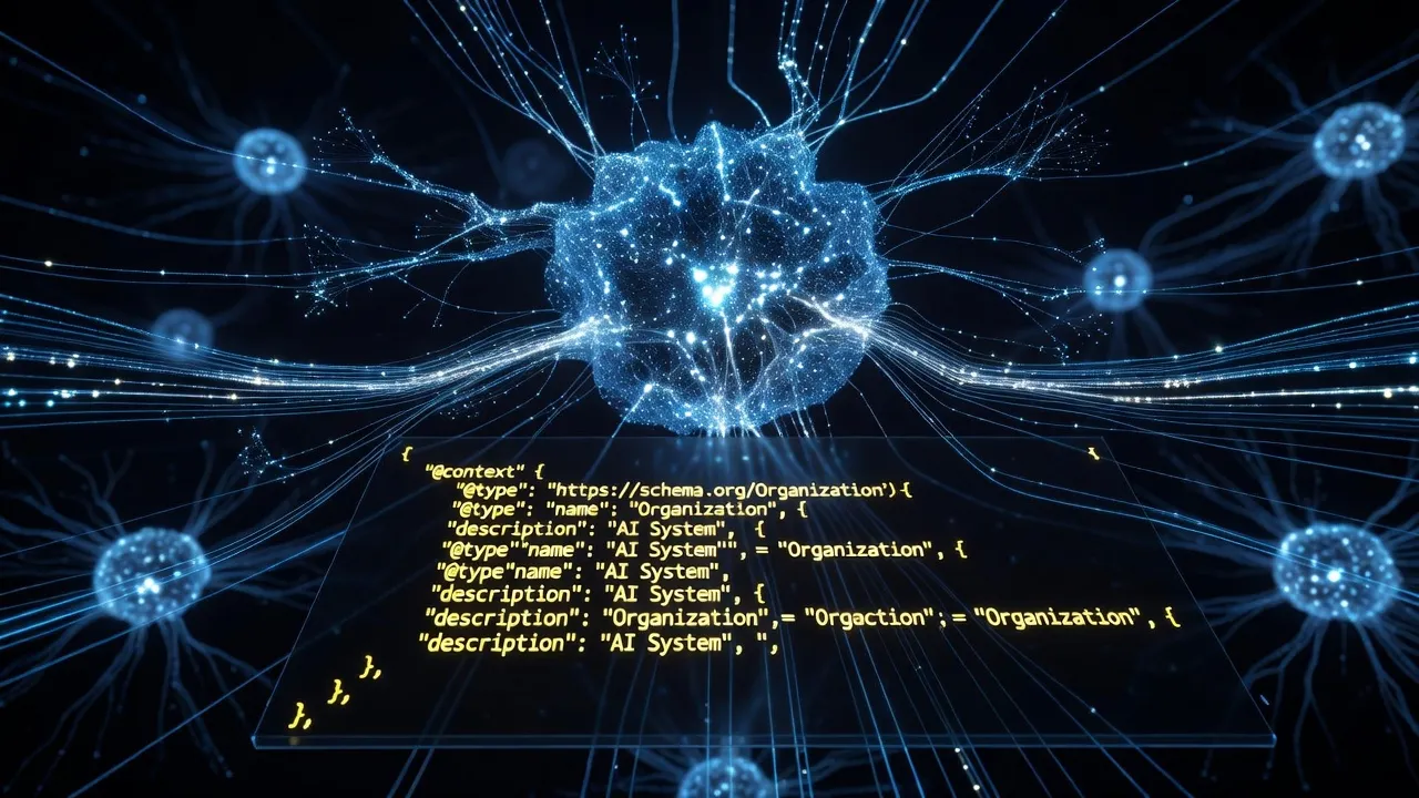 Schema org markup code connected to an AI neural network for semantic search.