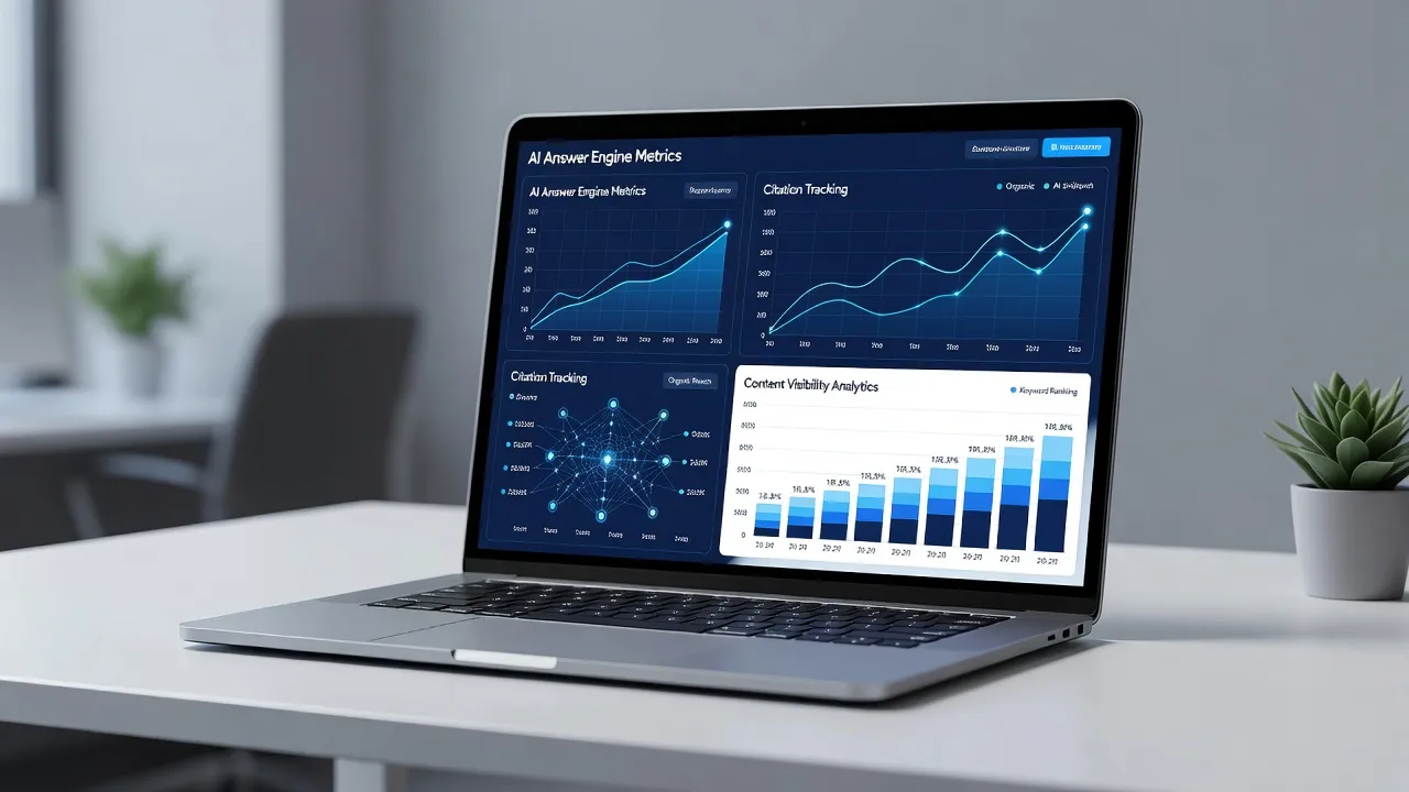 Dashboard showing answer engine optimization metrics and AI visibility performance analytics.