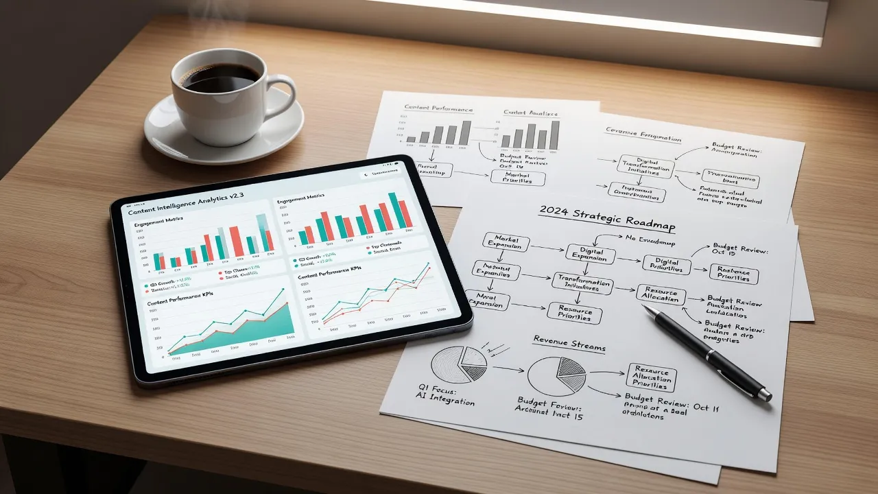 Strategic content planning setup showing AEO entity mapping tools on a tablet.
