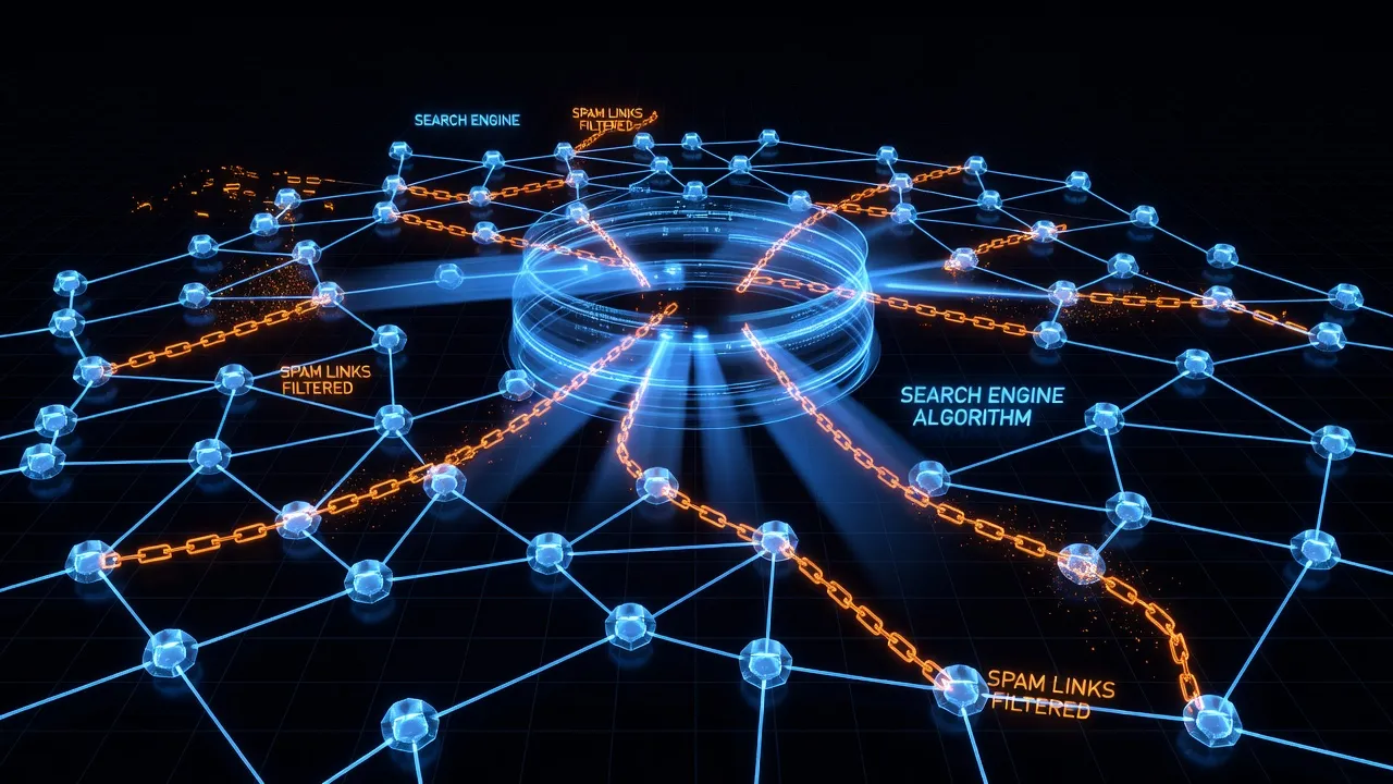 Conceptual illustration showing search engine algorithms blocking spam links and private blog networks.