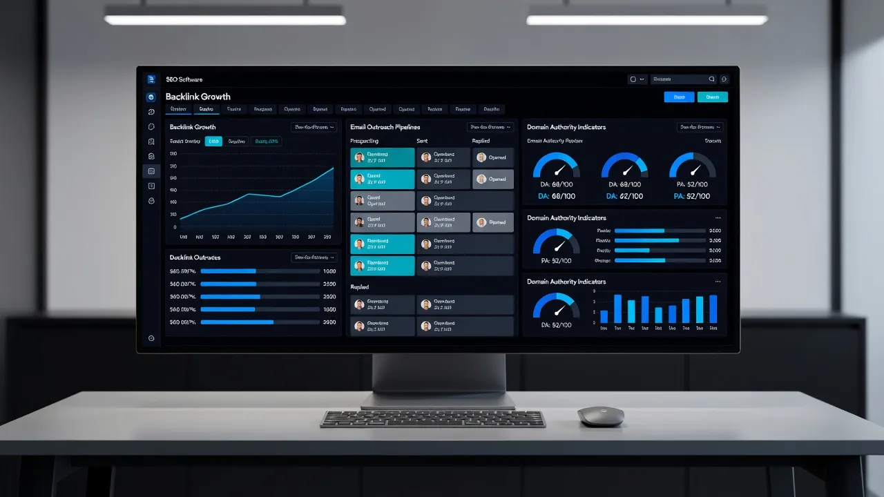 Digital workspace displaying backlink automation software pipelines and domain authority analytics.