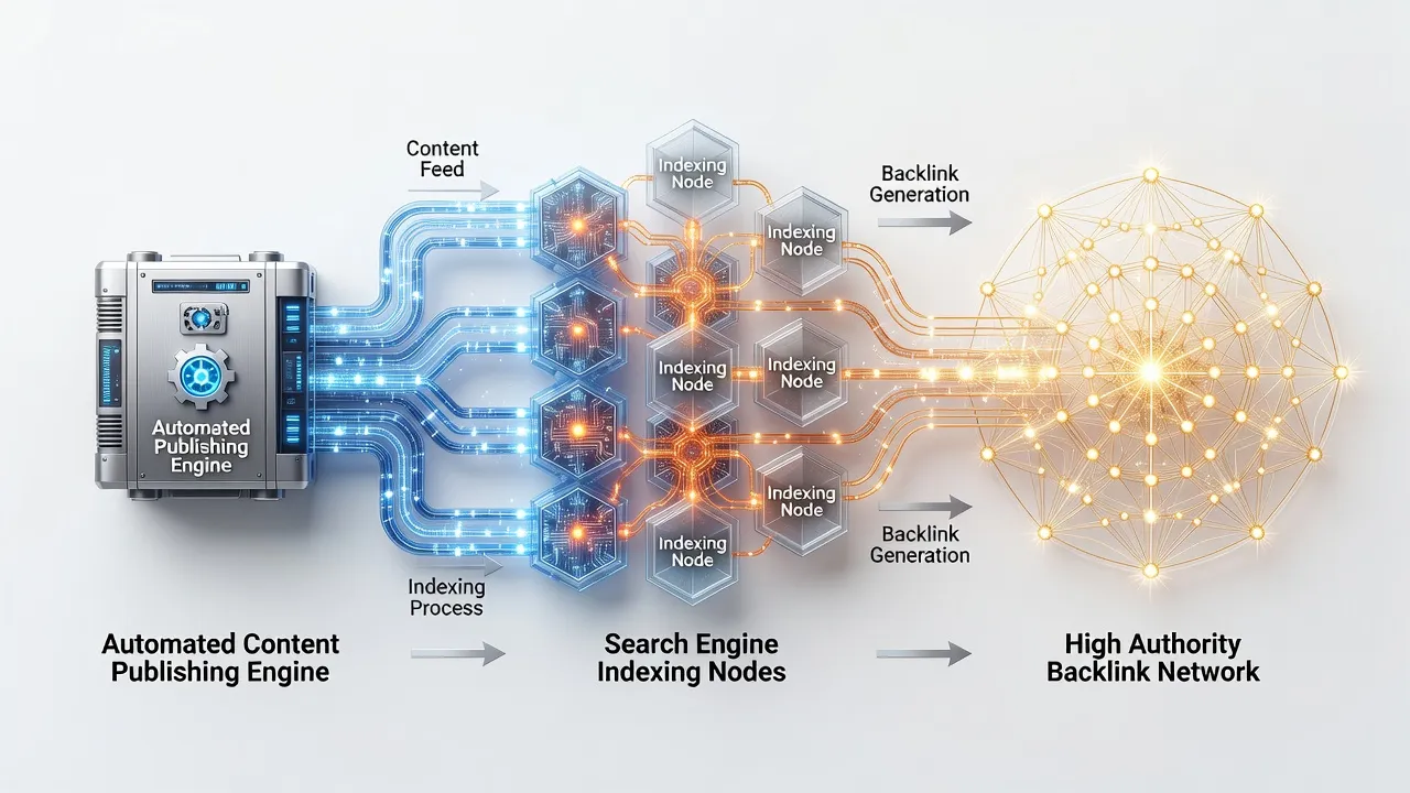 Vector illustration of automated content publishing driving organic backlinks and search rankings.