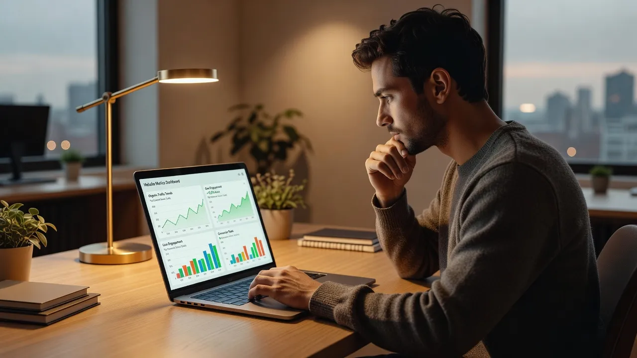 Business owner evaluating domain metrics and traffic data on a laptop screen.