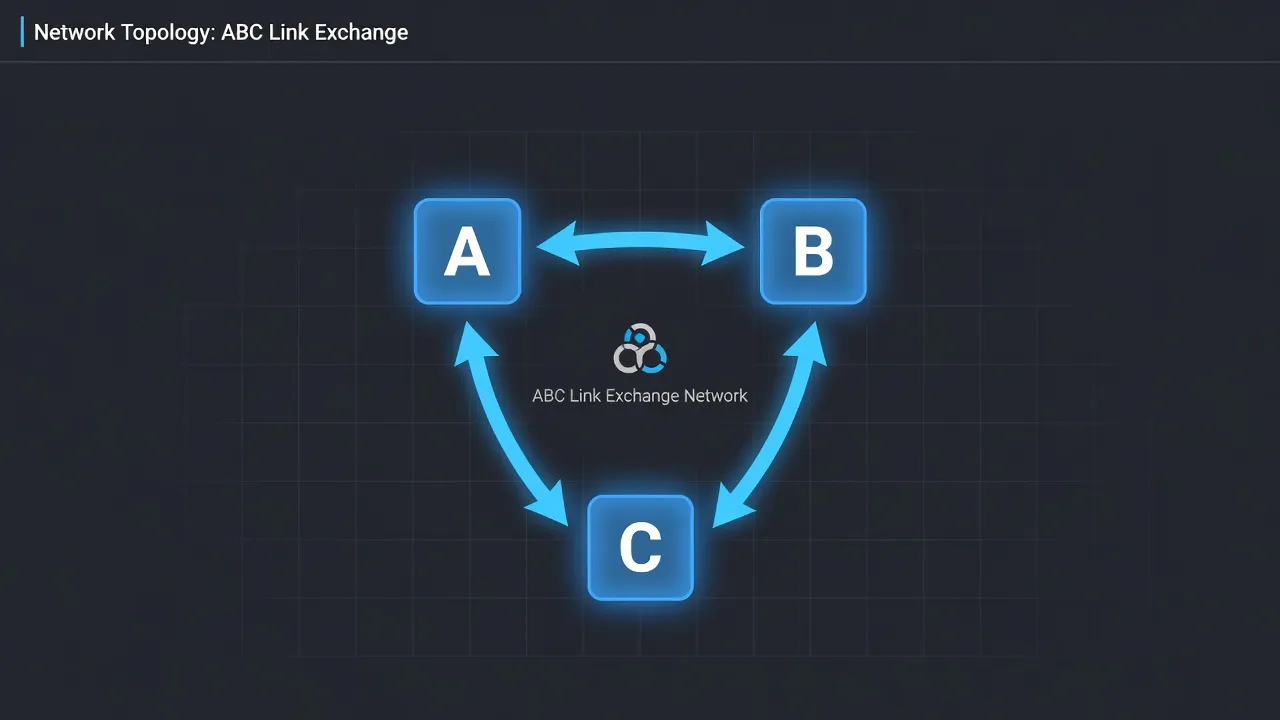 Flowchart showing how a three-way ABC backlink exchange passes links across three websites.