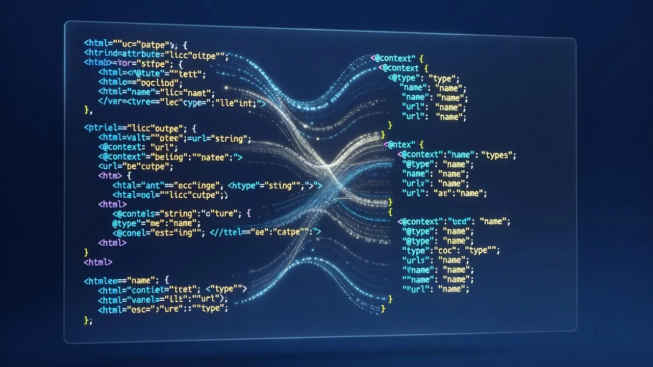 Graphic representation of schema tools converting raw text into JSON-LD code for AEO optimization.