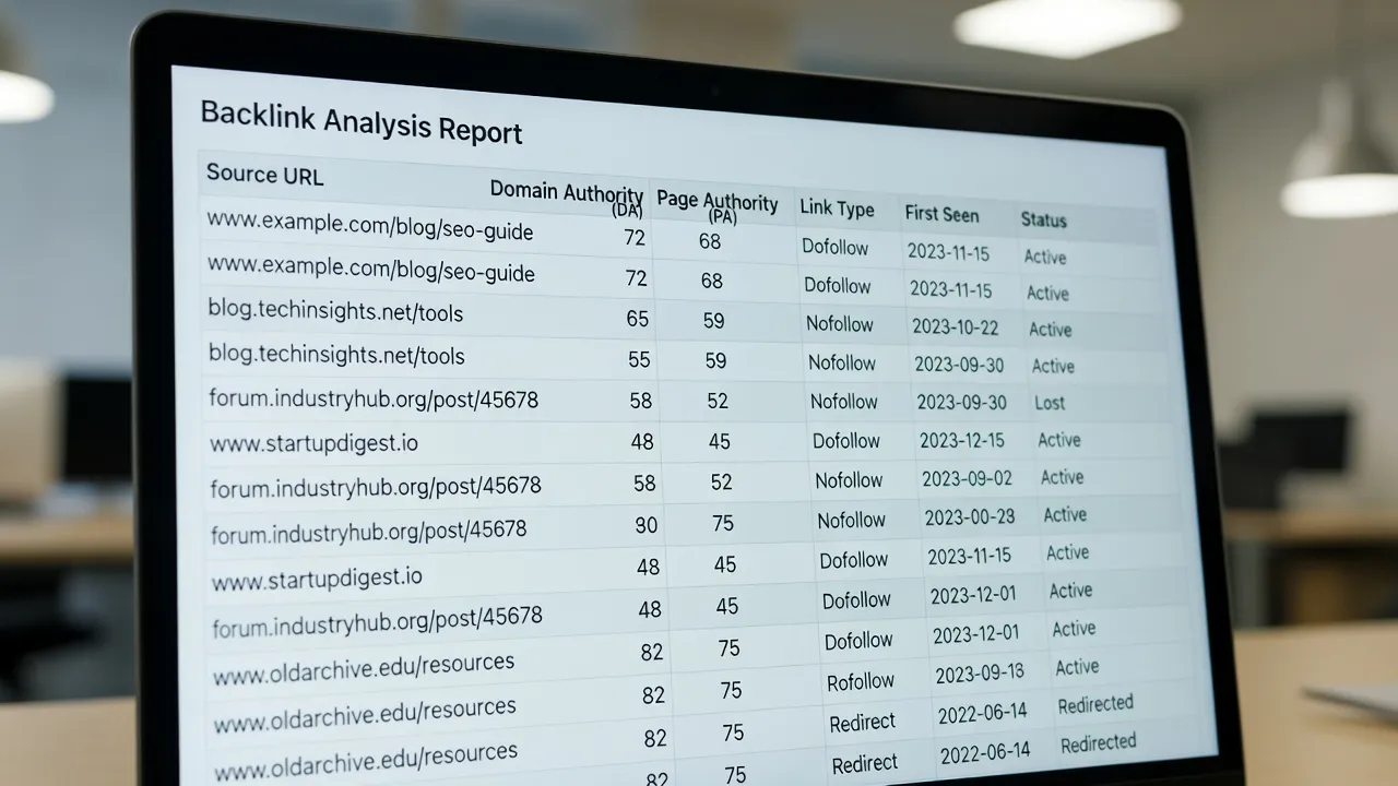 Analytical backlink reporting interface showing domain rating and email outreach status.