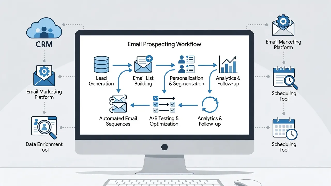 Conceptual diagram of digital outreach and email prospecting workflow in link building software.