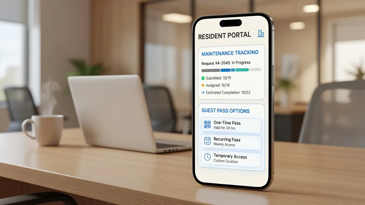 Mobile resident portal application showing BuildingLink 2.0 maintenance request screen.