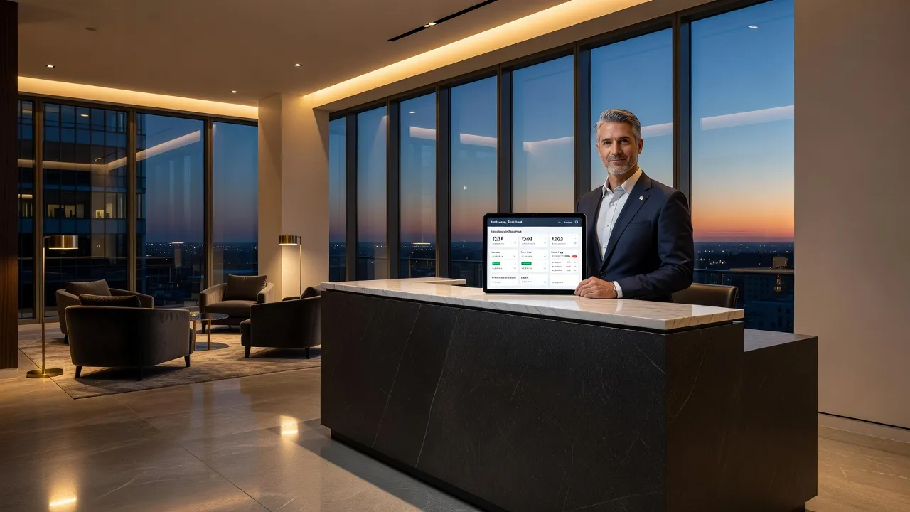 Property concierge using BuildingLink 2.0 software on a tablet at a high-rise front desk.