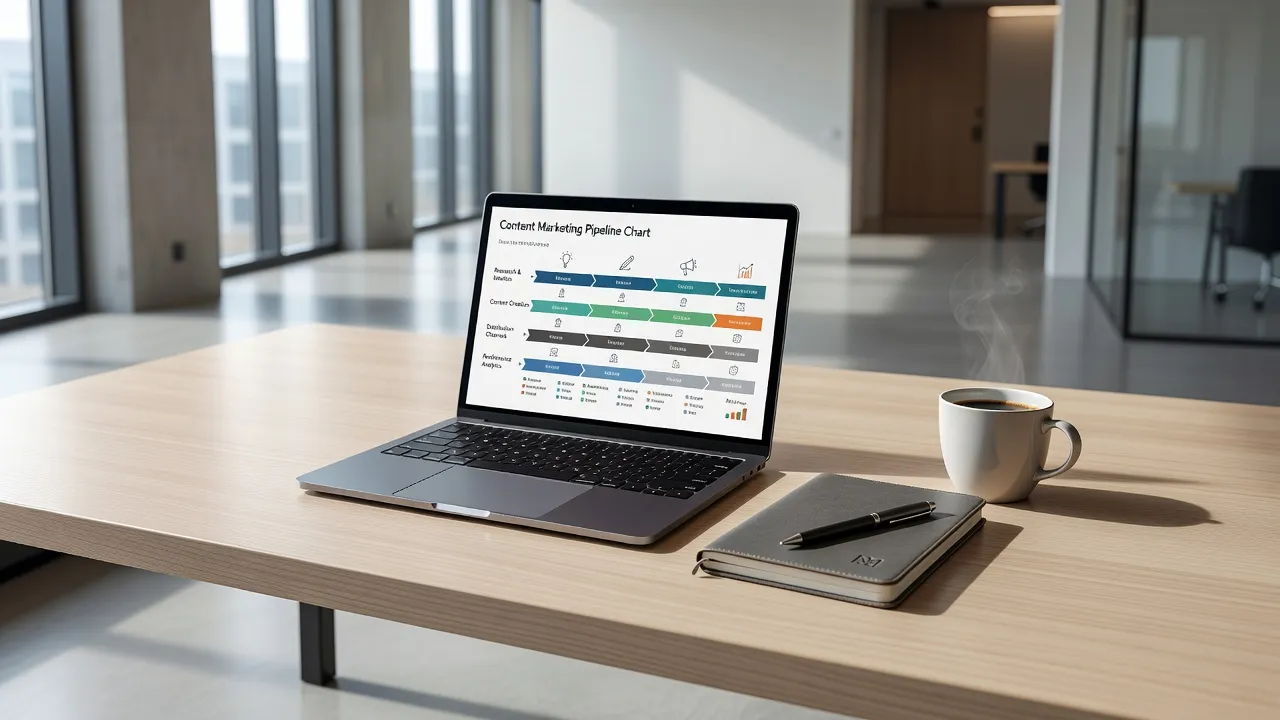 Agency content marketing pipeline strategy diagram on a laptop desk setup