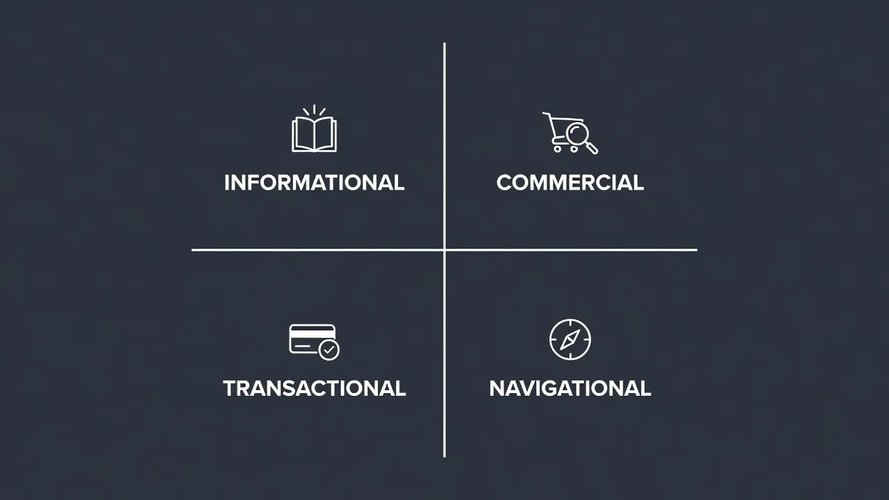A search intent categorization matrix showing informational, commercial, transactional, and navigational buckets.