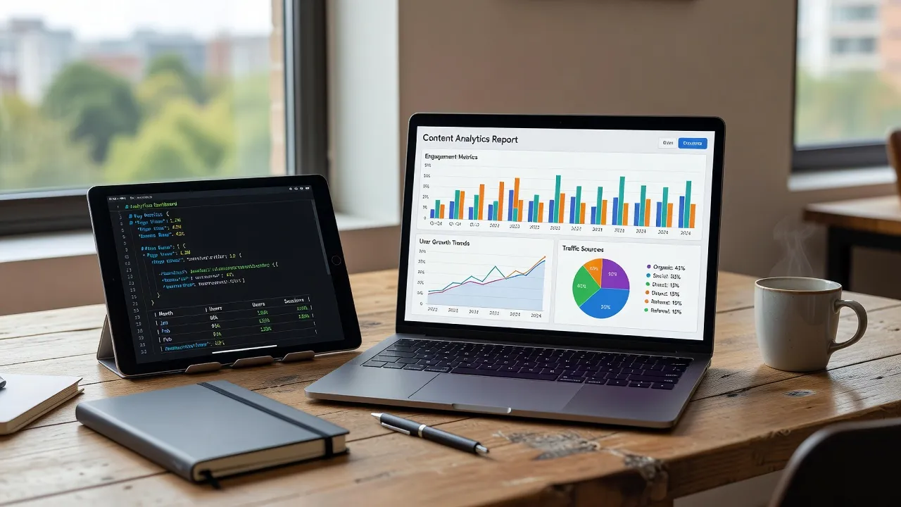 Workspace showing content analytics and structured Markdown code on digital displays.